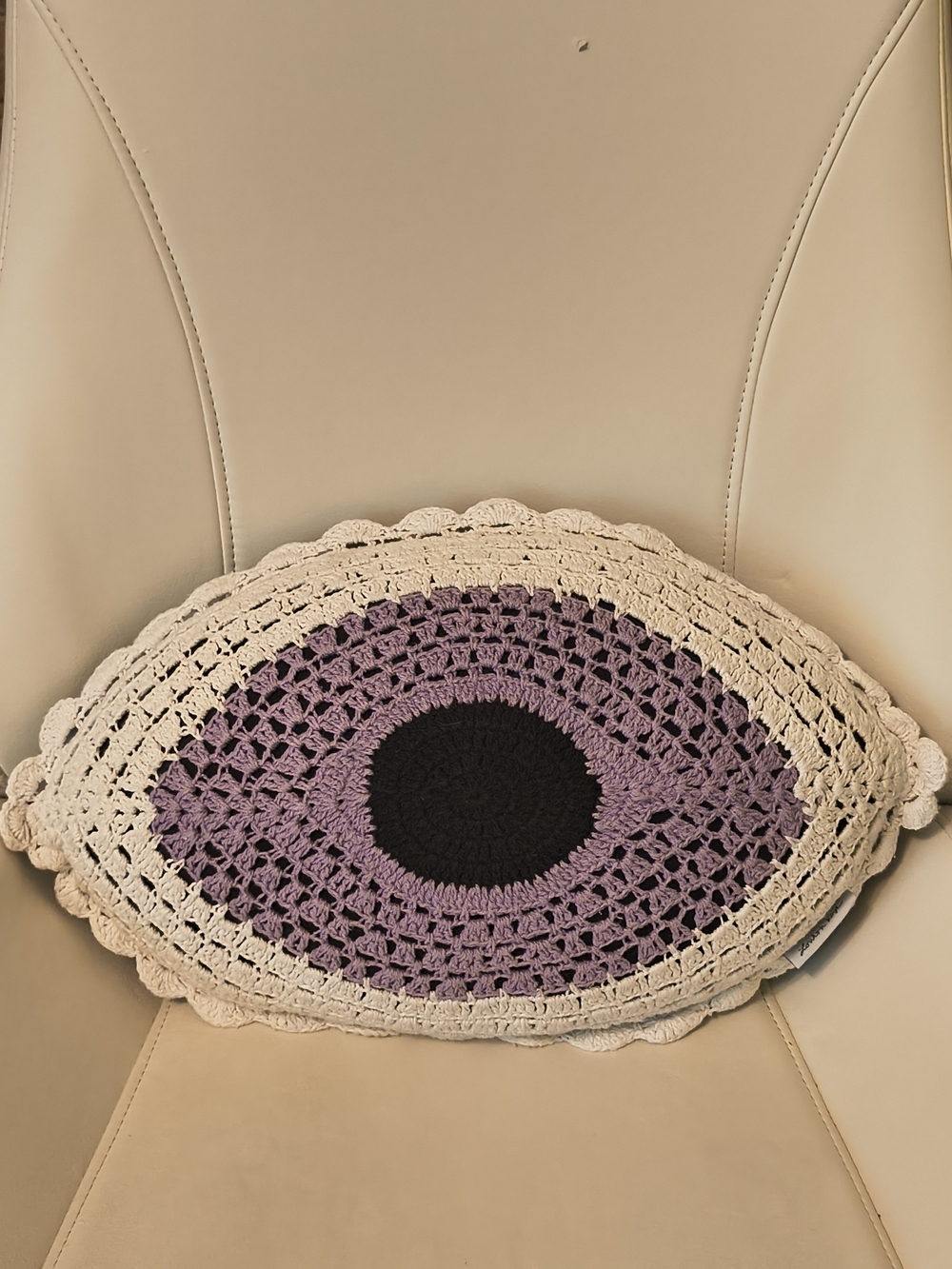 London Kaye Handmade Crochet Eye Accent Pillow in Cream, Lavender & Black